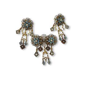 Vintage Early Miriam Haskell Brass Filigree Brooch Pierced Earrings Set